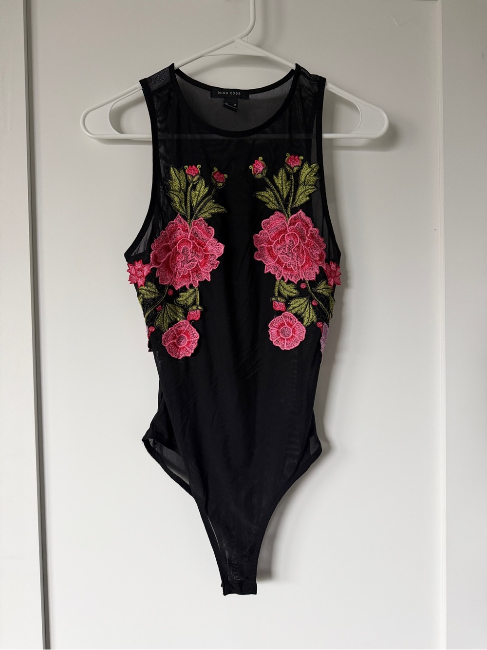 Black Mesh Bodysuit with Pink Floral Embroidery